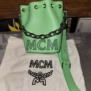 MCM Leather Bucket Bag in Mint Pistachio Green